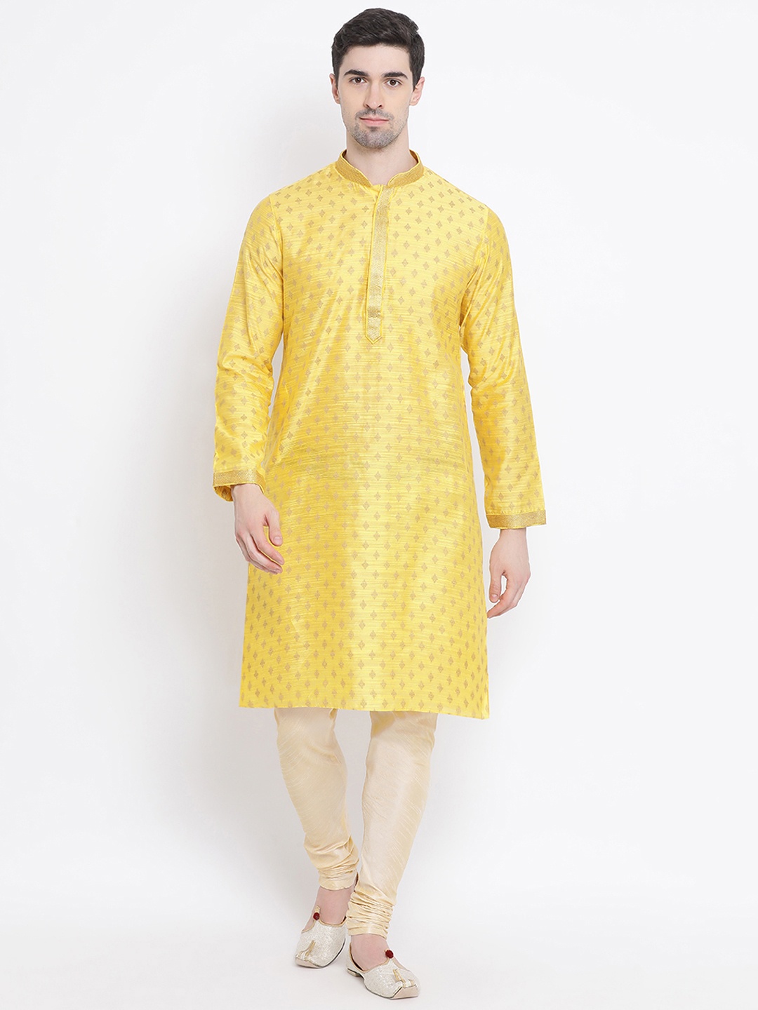 

Sanwara Men Yellow Self Design Kurta with Churidar