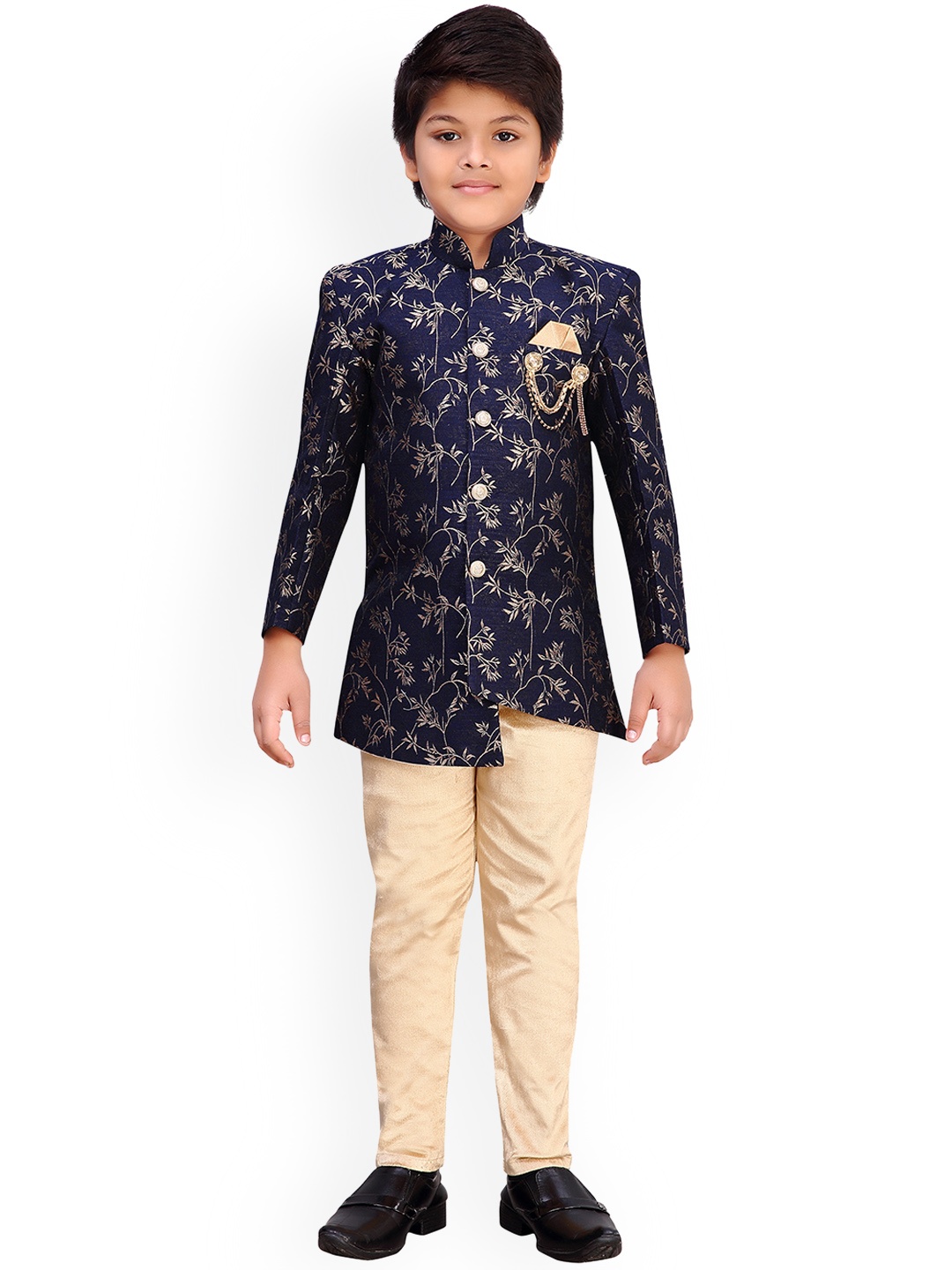 

Aj DEZInES Boys Blue & Gold-Toned Printed Sherwani Set
