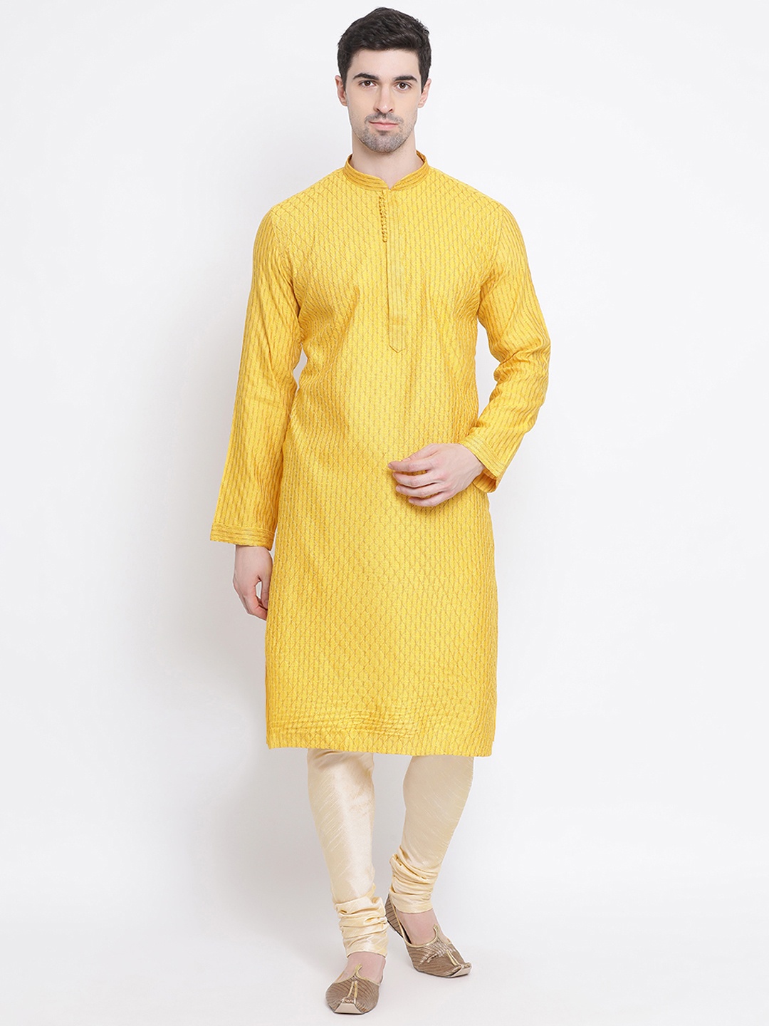 

Sanwara Men Yellow & Gold-Toned Self Design Kurta with Churidar