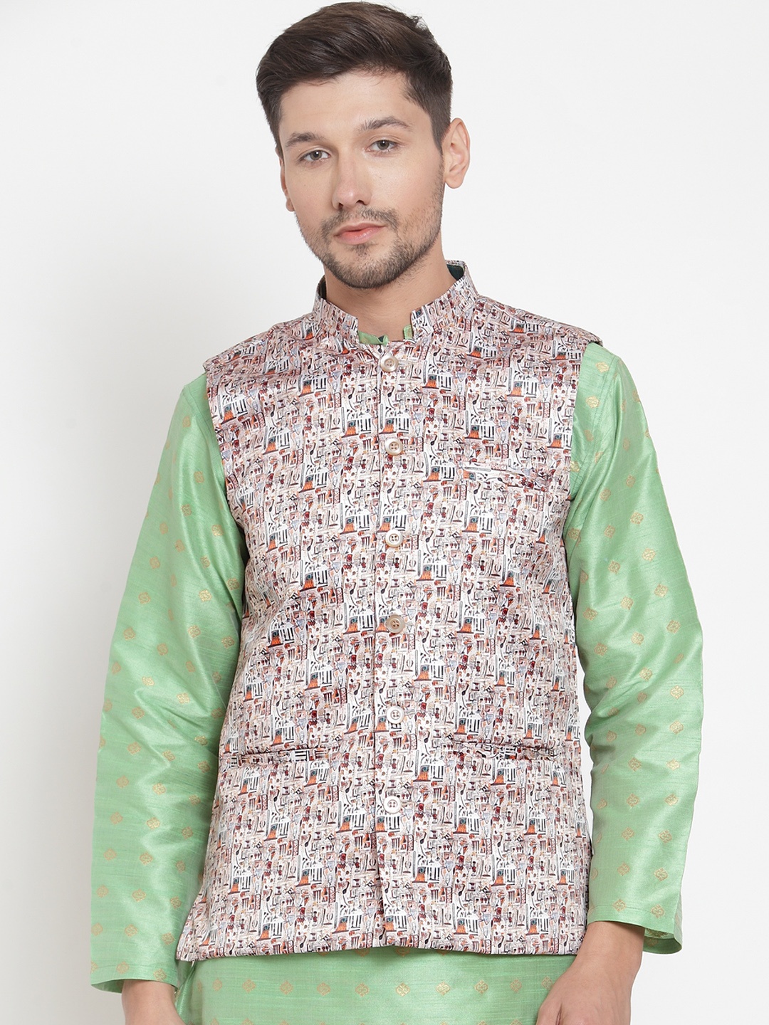 

KLOTTHE Men White & Brown Printed Nehru Jacket