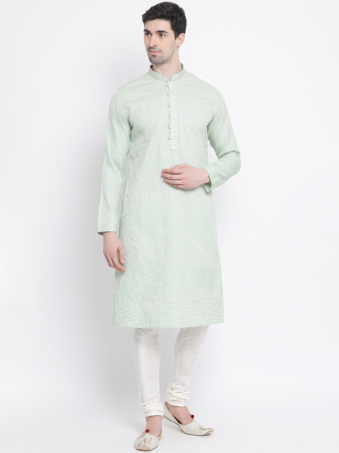

Sanwara Men Sea Green & White Self Design Kurta with Churidar