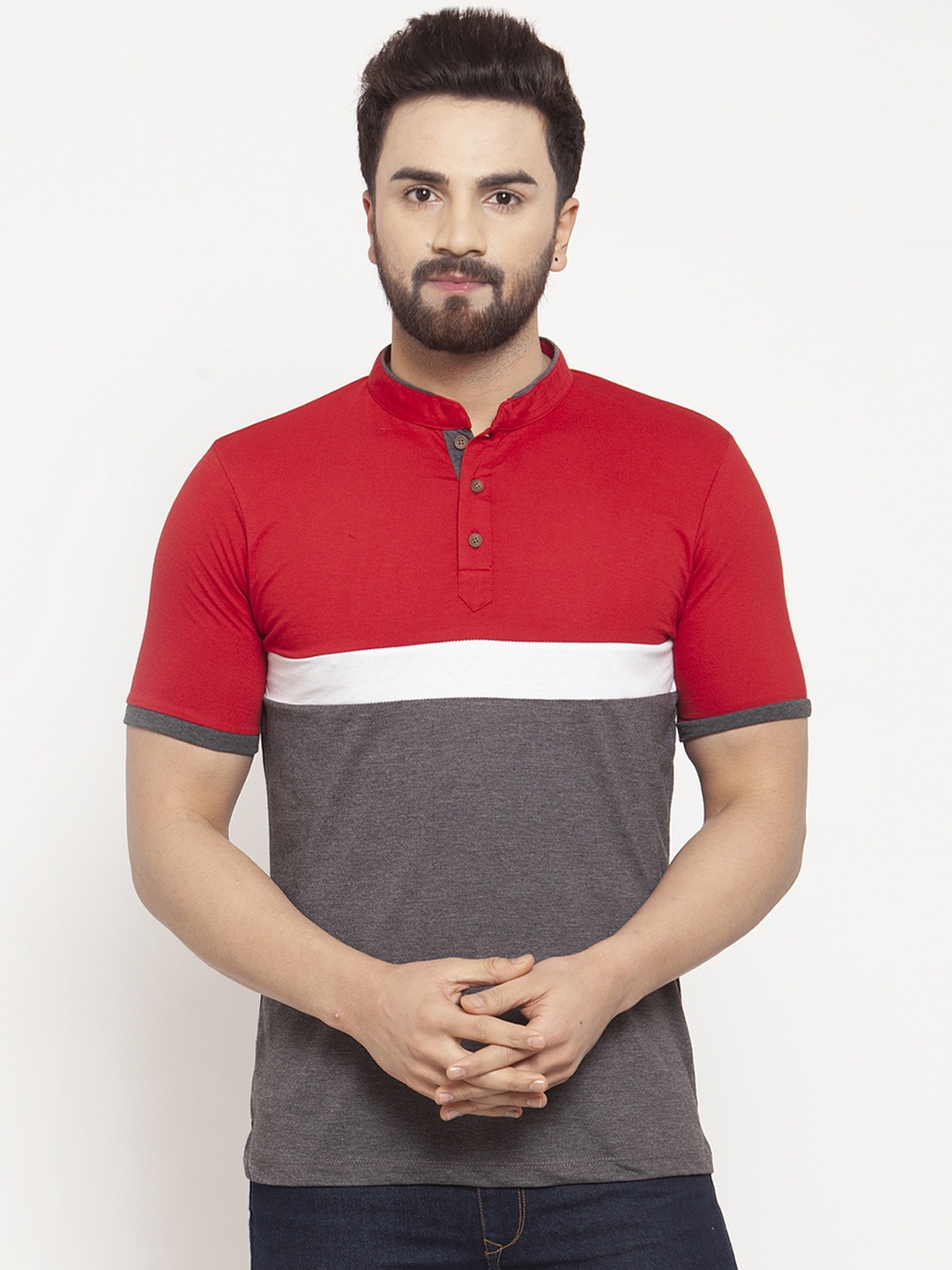 

Kalt Men Red & Grey Colourblocked Mandarin Collar T-shirt