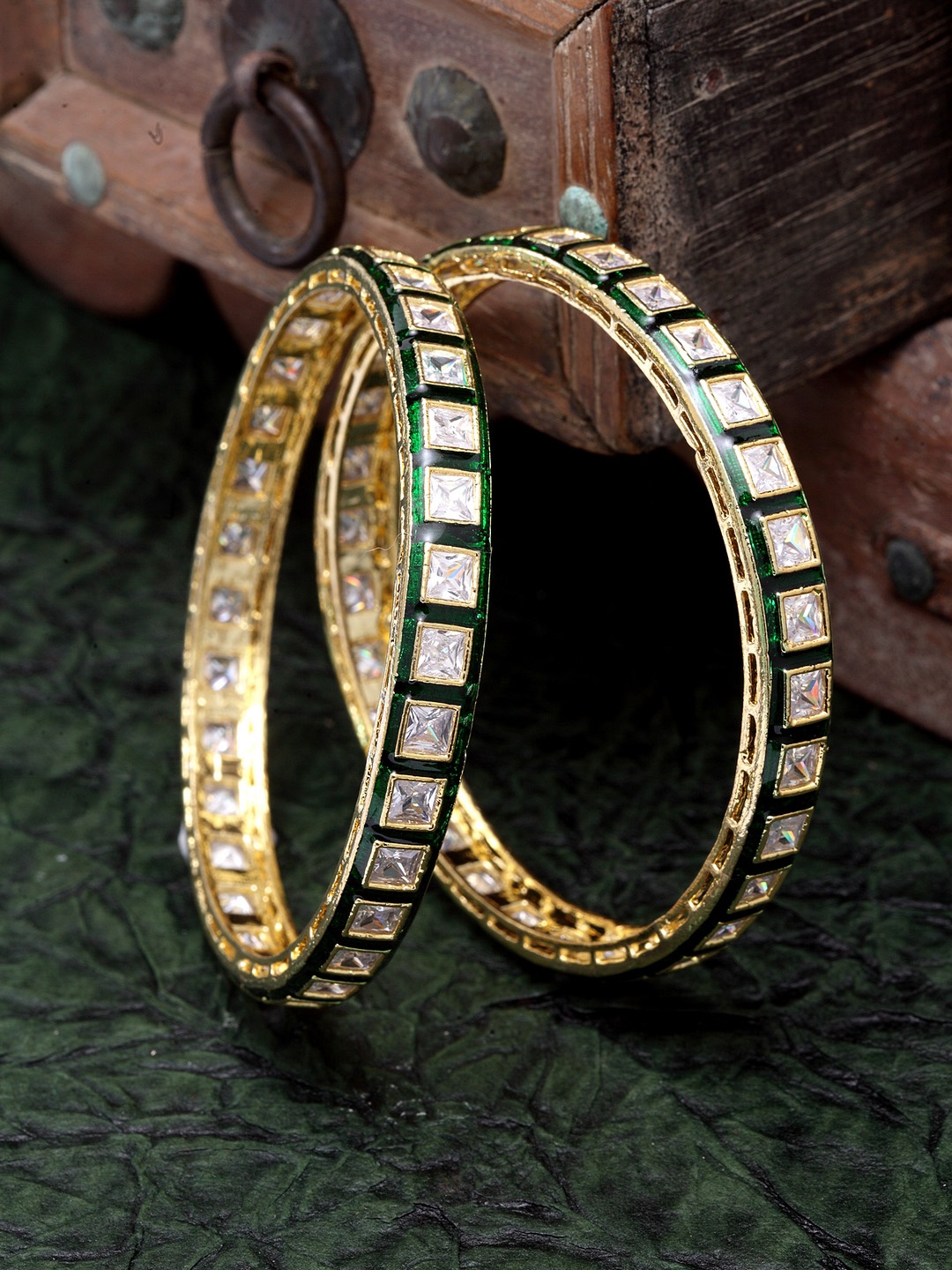 

DUGRISTYLE Set of 2 Sterling Silver Gold-Plated & White AD-Studded Meena Bangles