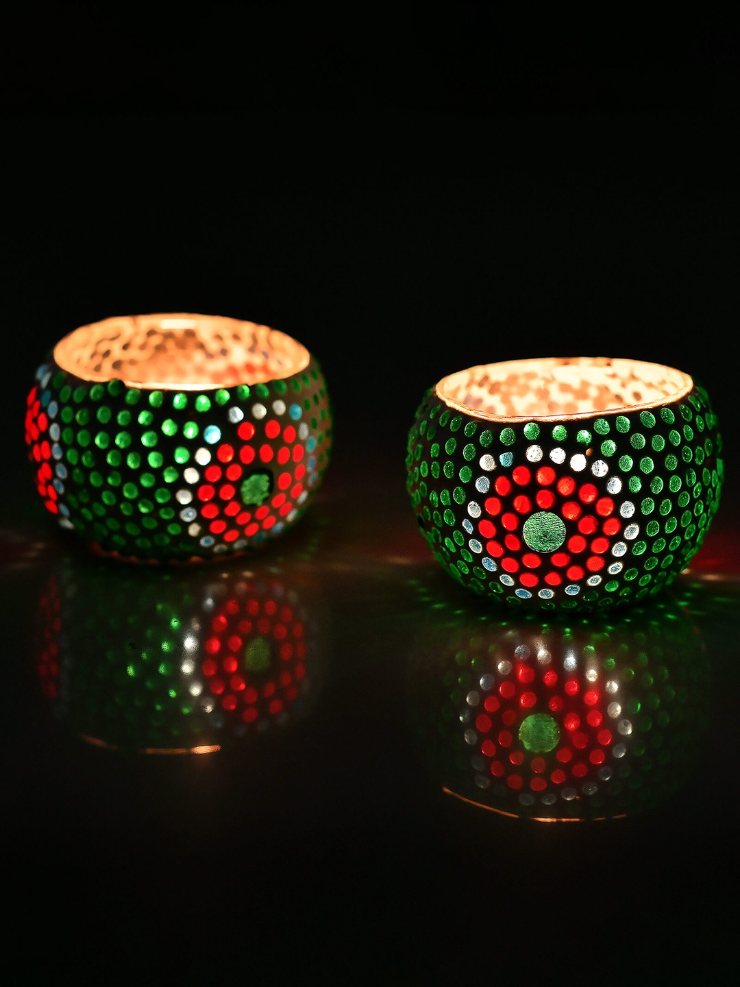 Homesake Set of 2 Moroccan Glass Round Mosaic Candle Holder, Multi