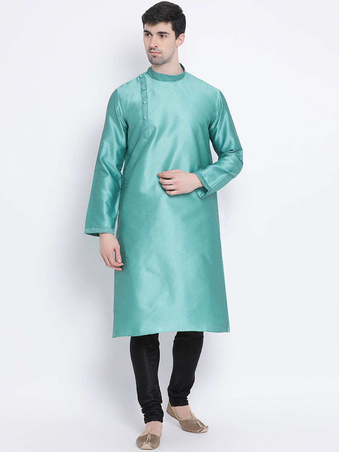 

Sanwara Men Green & Black Self Design Kurta with Churidar