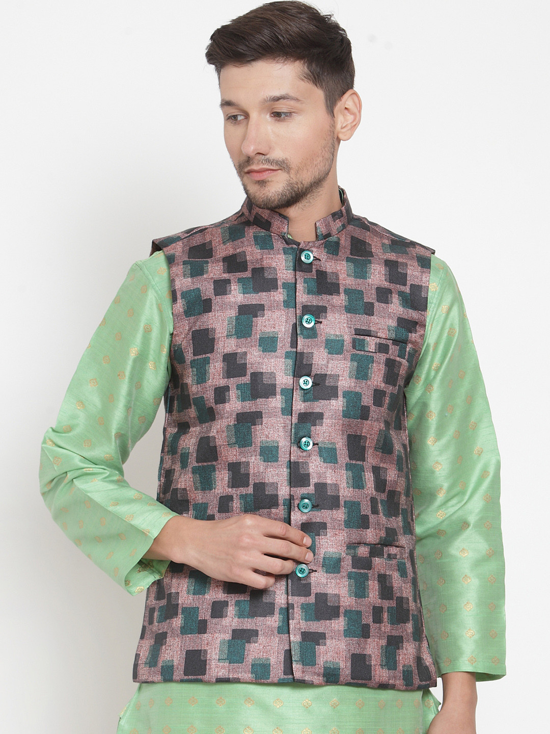 

KLOTTHE Men Pink & Brown Printed Nehru Jacket