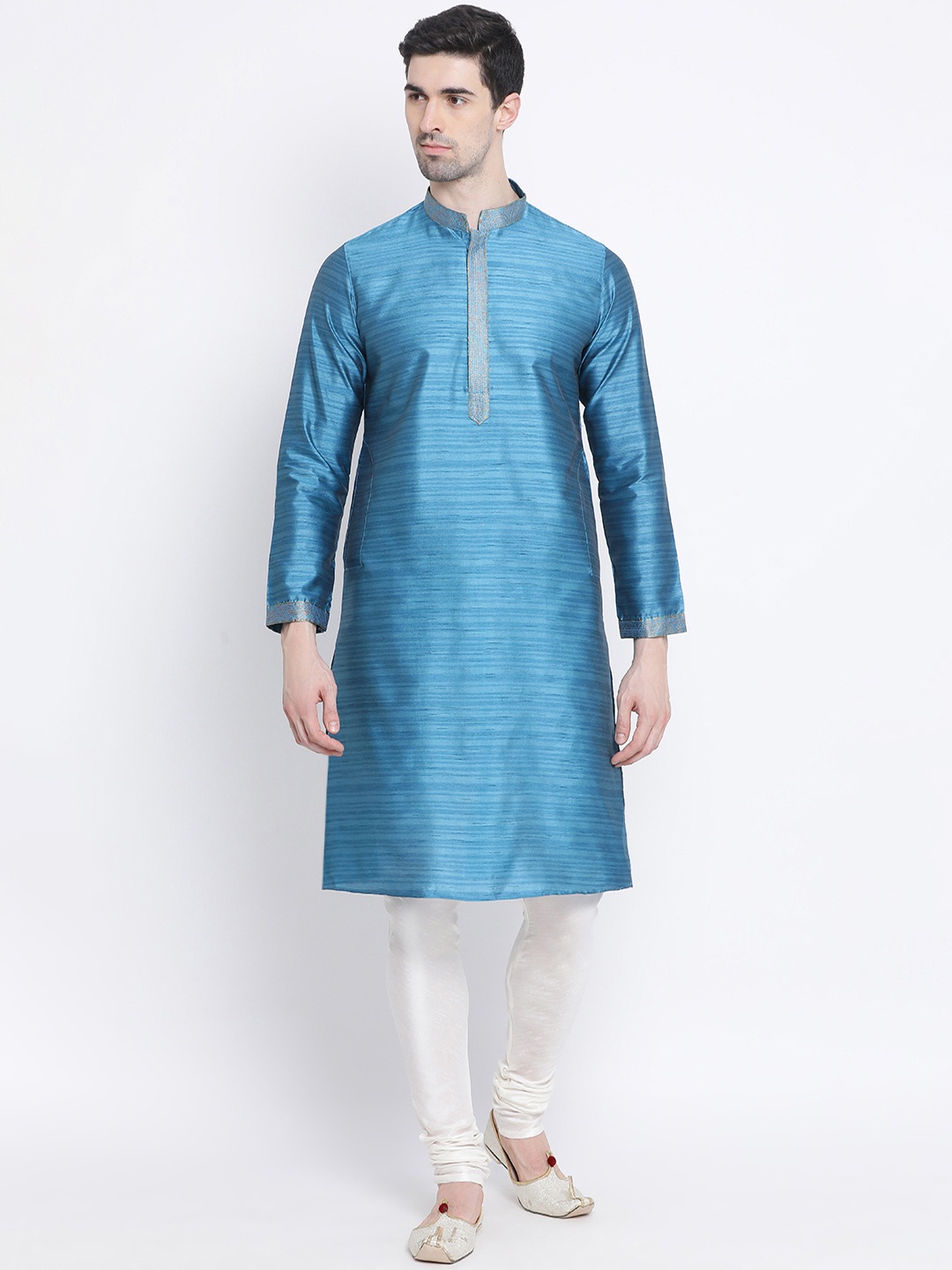 

Sanwara Men Turquoise Blue & Off-White Striped Kurta with Churidar