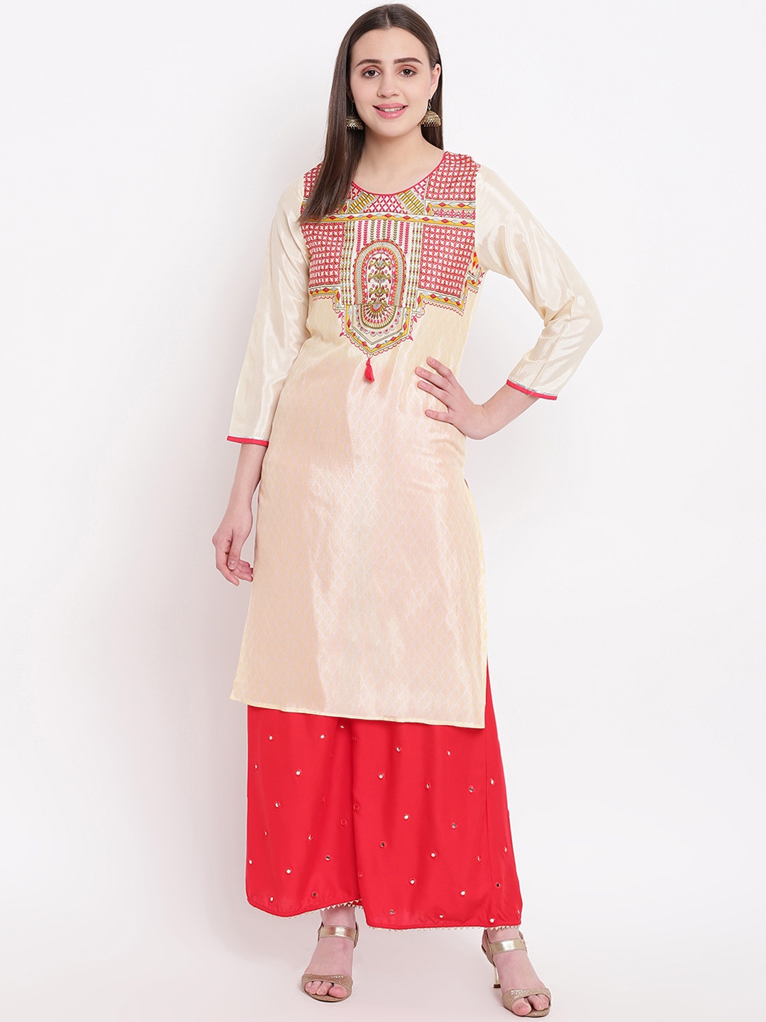 Be Indi Women Cream-Coloured & Pink Printed Straight Kurta