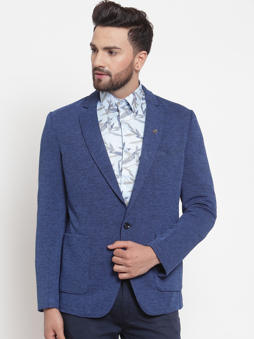 LUXURAZI Men Blue Self-Design Single-Breasted Casual Blazer