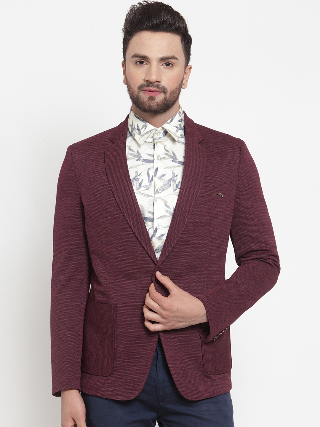 

LUXURAZI Men Maroon Self-Design Single-Breasted Blazer