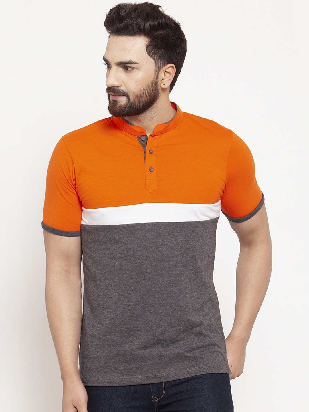 

Kalt Men Orange & Grey Colourblocked Mandarin Collar T-shirt