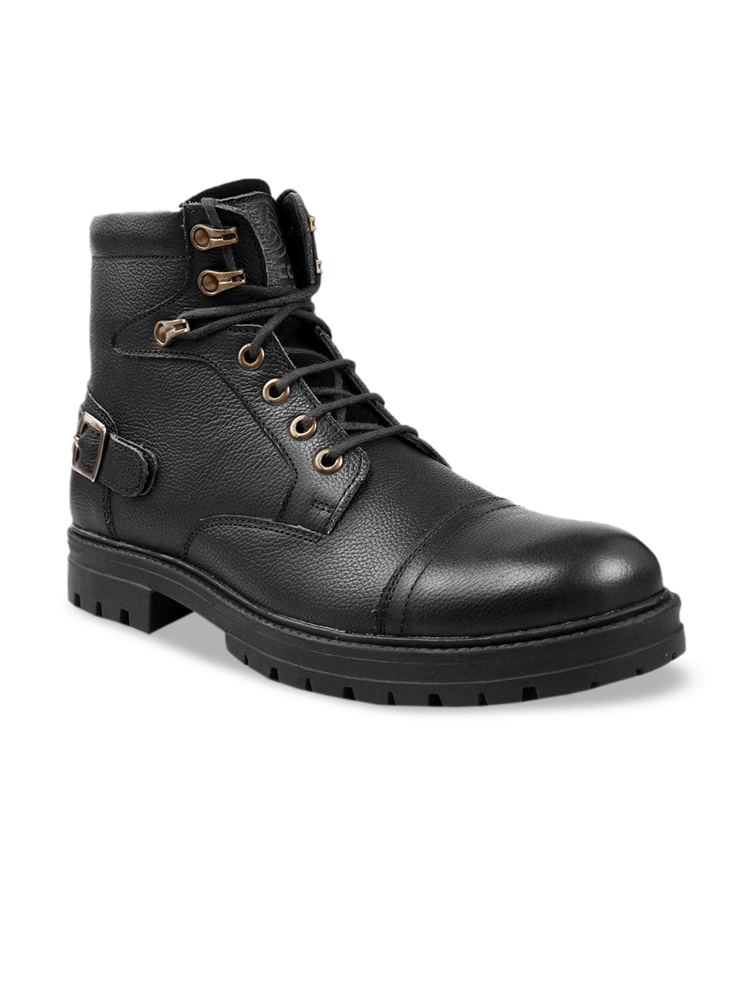 bacca bucci Men Black Solid Leather Mid-Top Flat Boots