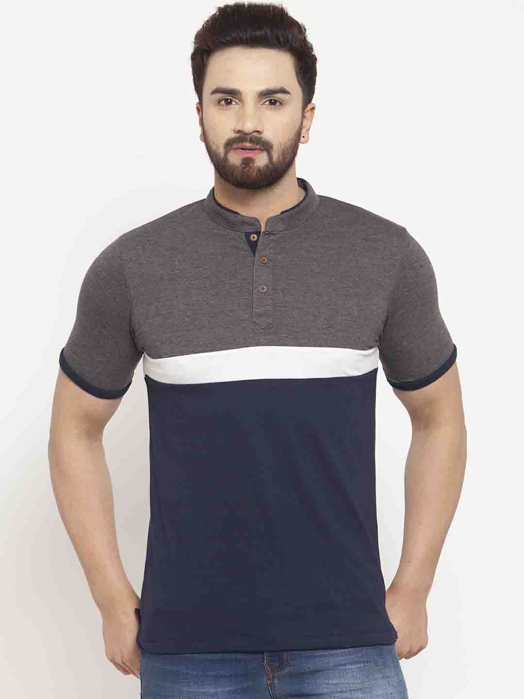 

Kalt Men Navy Blue & Grey Colourblocked Mandarin Collar T-shirt