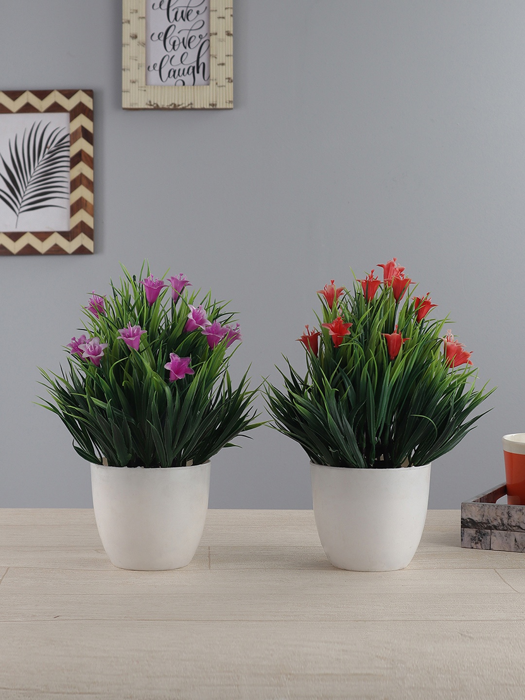 FOLIYAJ Set of 2 Red & Purple Artificial Lily Plants With Pots, Green