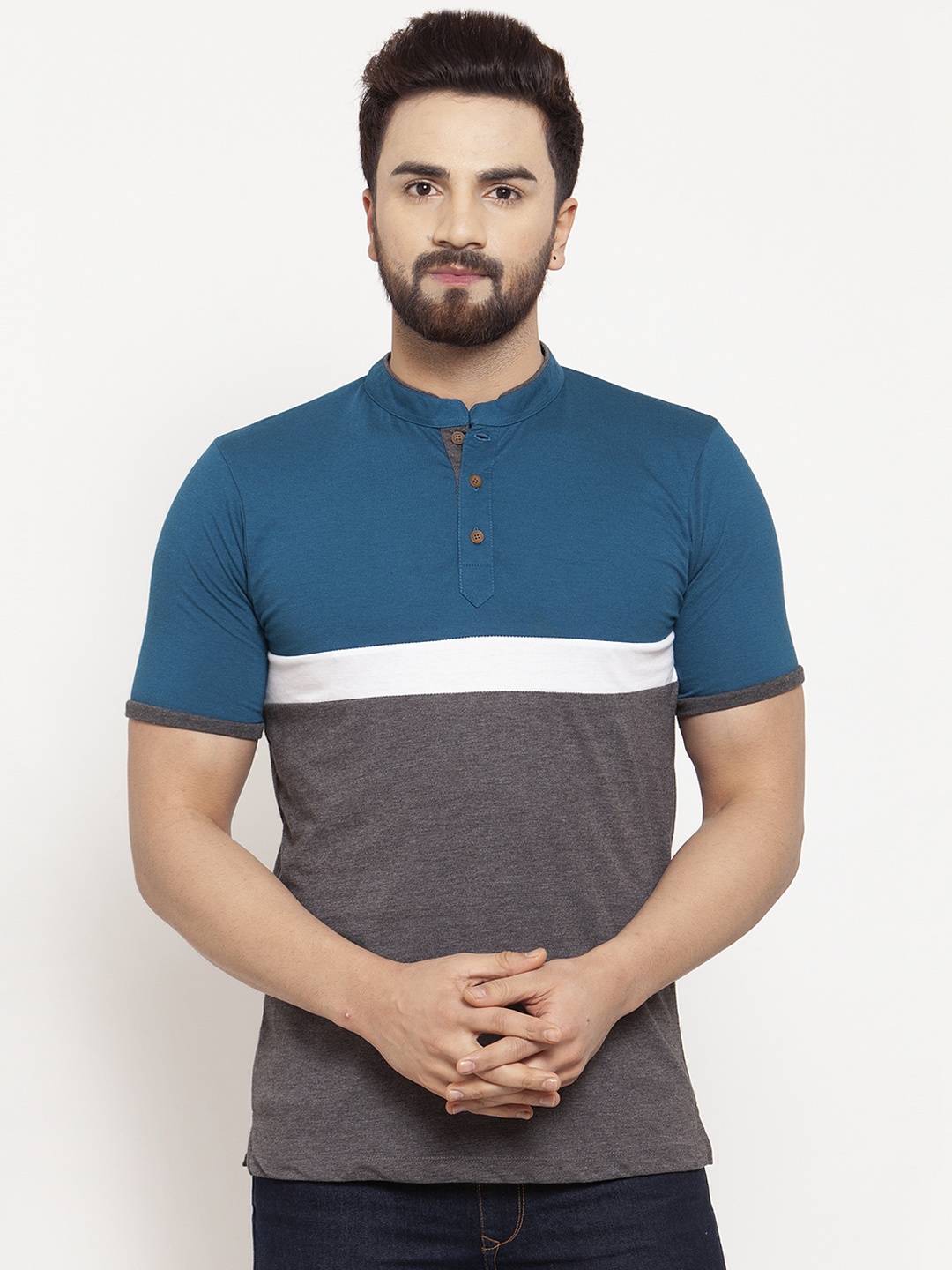 

Kalt Men Teal Blue & Grey Colourblocked Mandarin Collar T-shirt