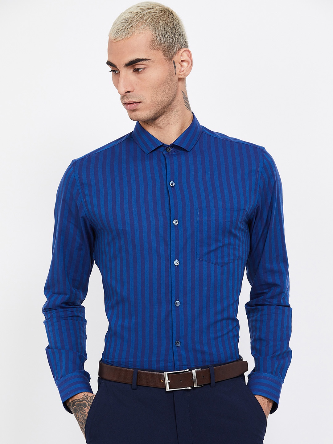 

CODE by Lifestyle Men Navy Blue Slim Fit Striped Casual Shirt