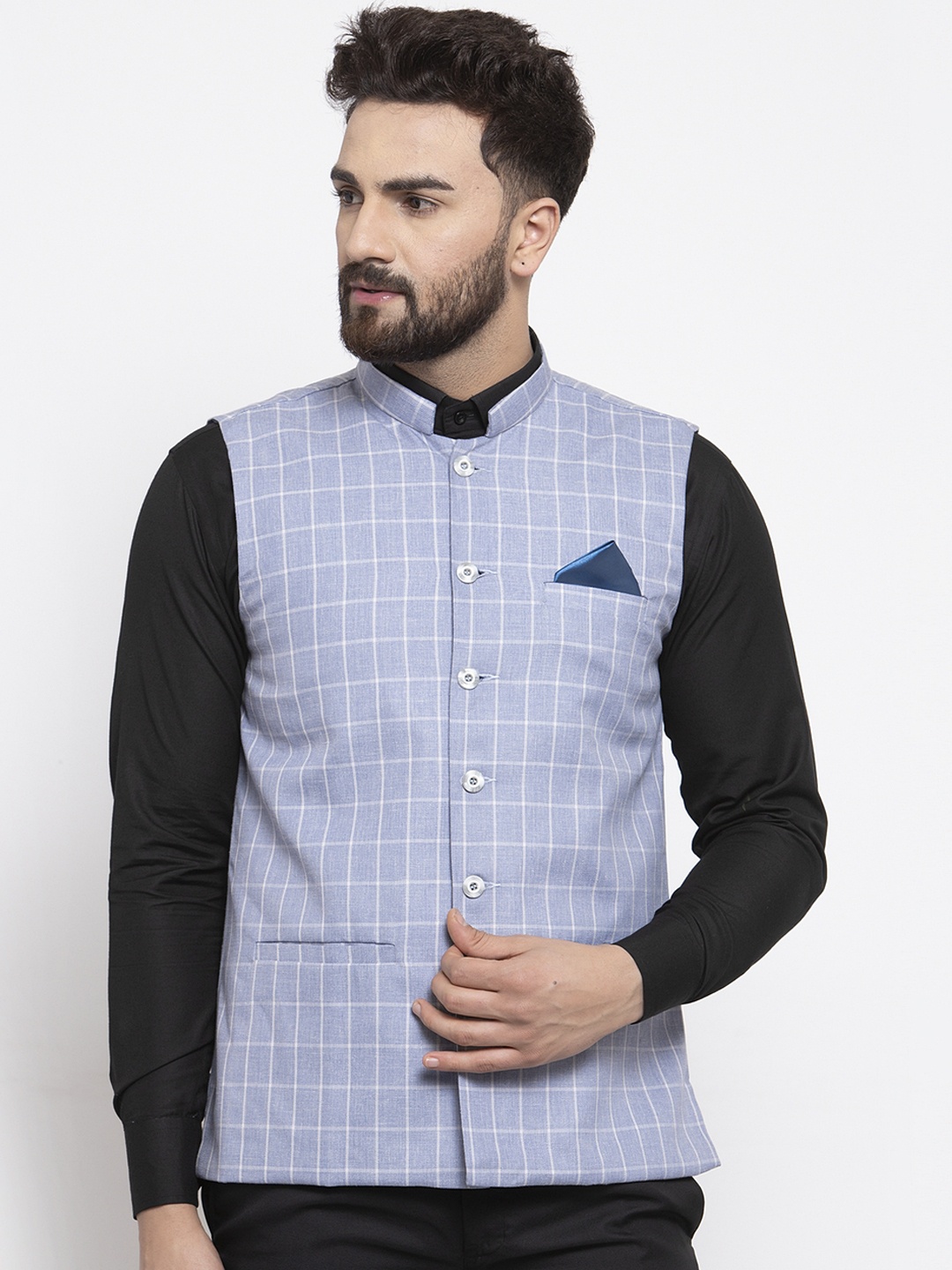 

KLOTTHE Men Blue Checked Satin Pure Cotton Nehru Jacket