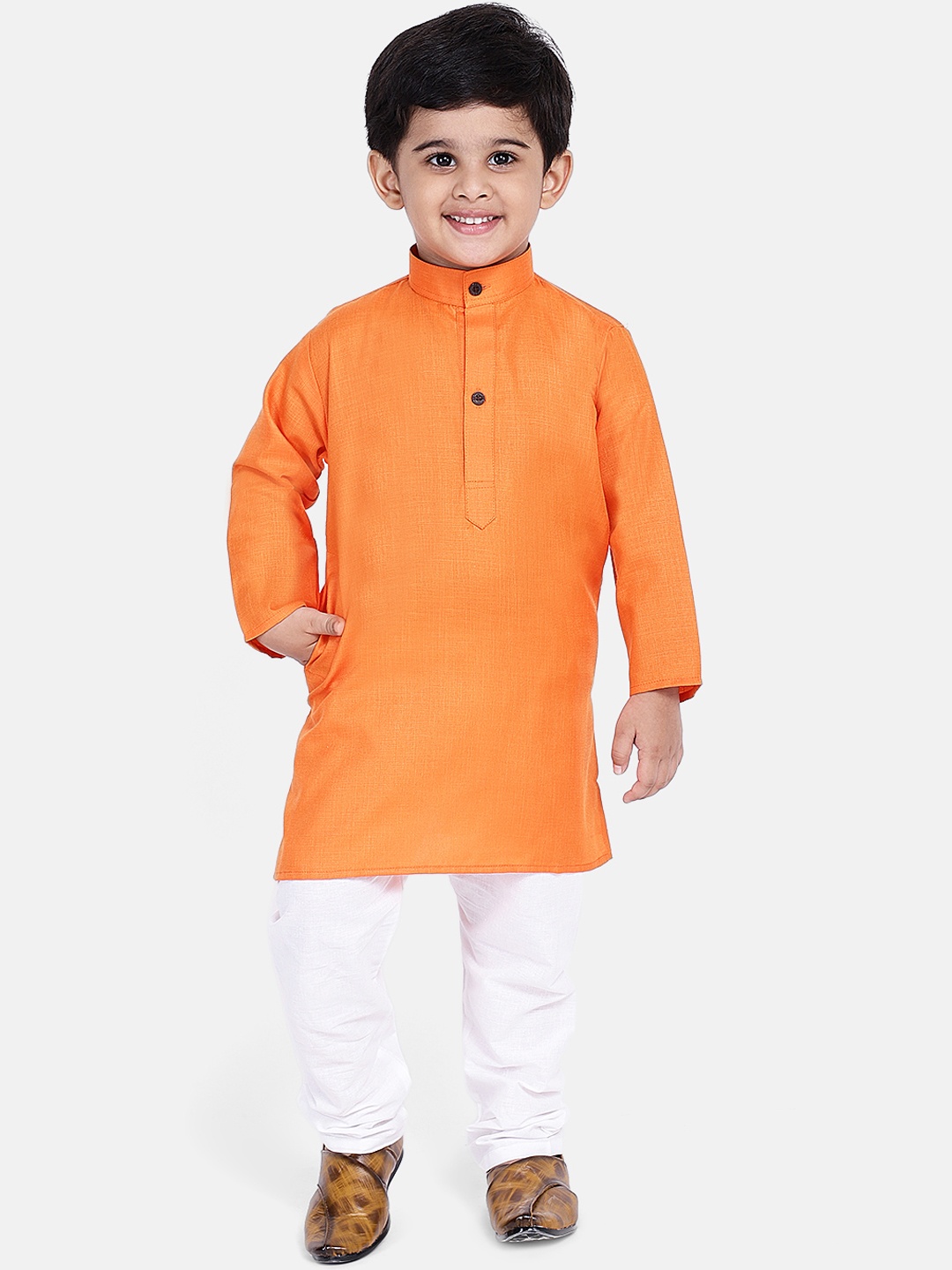 

BownBee Boys Orange & White Solid Kurta with Trousers