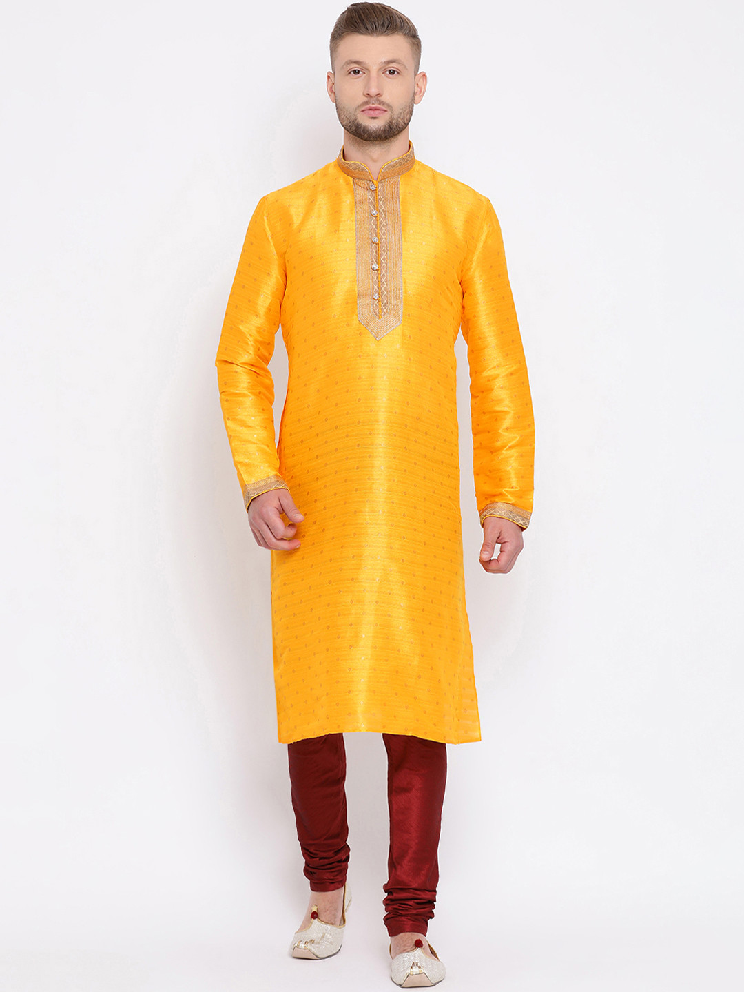 

Sanwara Men Yellow & Maroon Self Design Kurta with Churidar