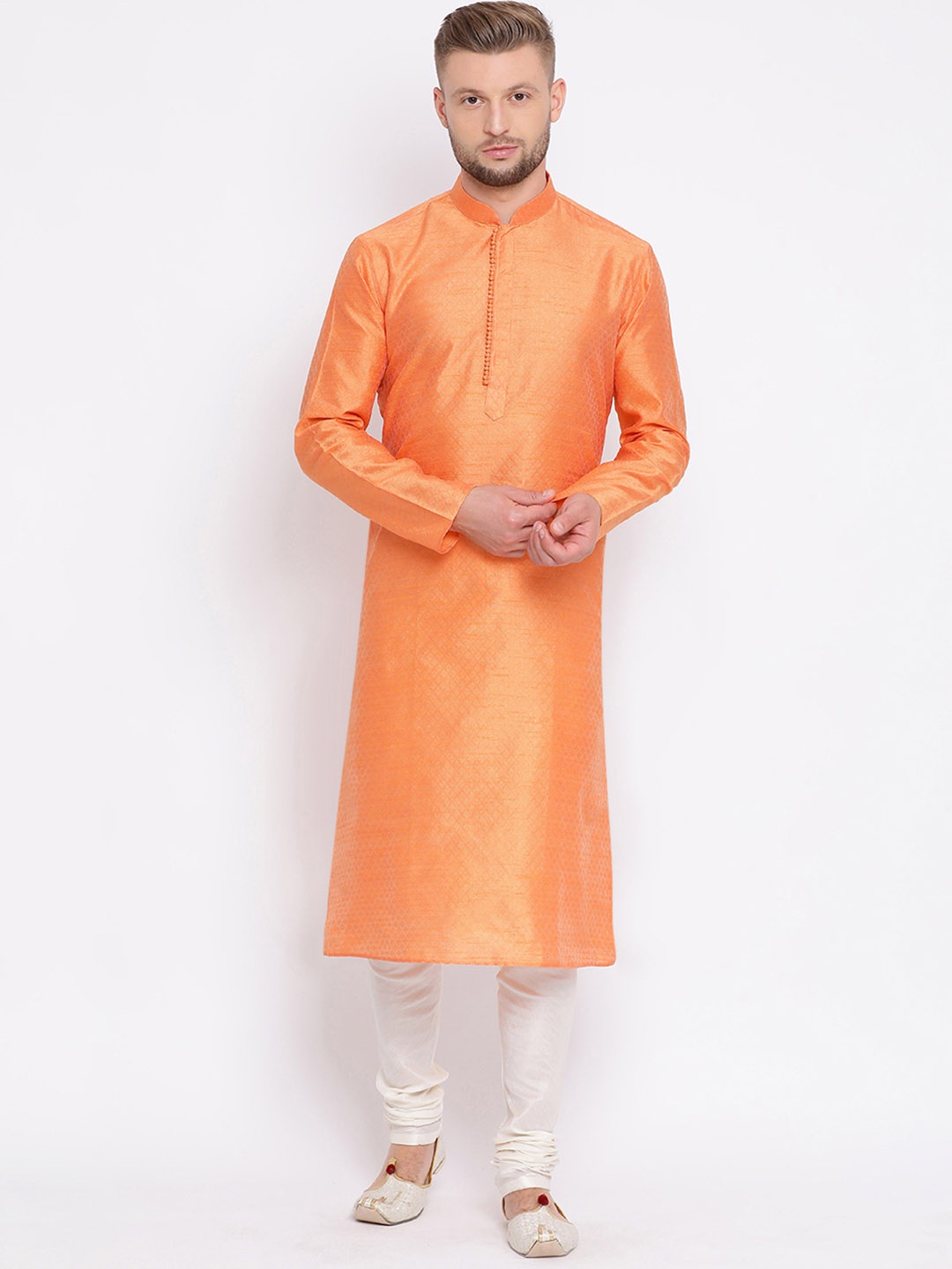 

Sanwara Men Orange & White Self Design Kurta with Churidar