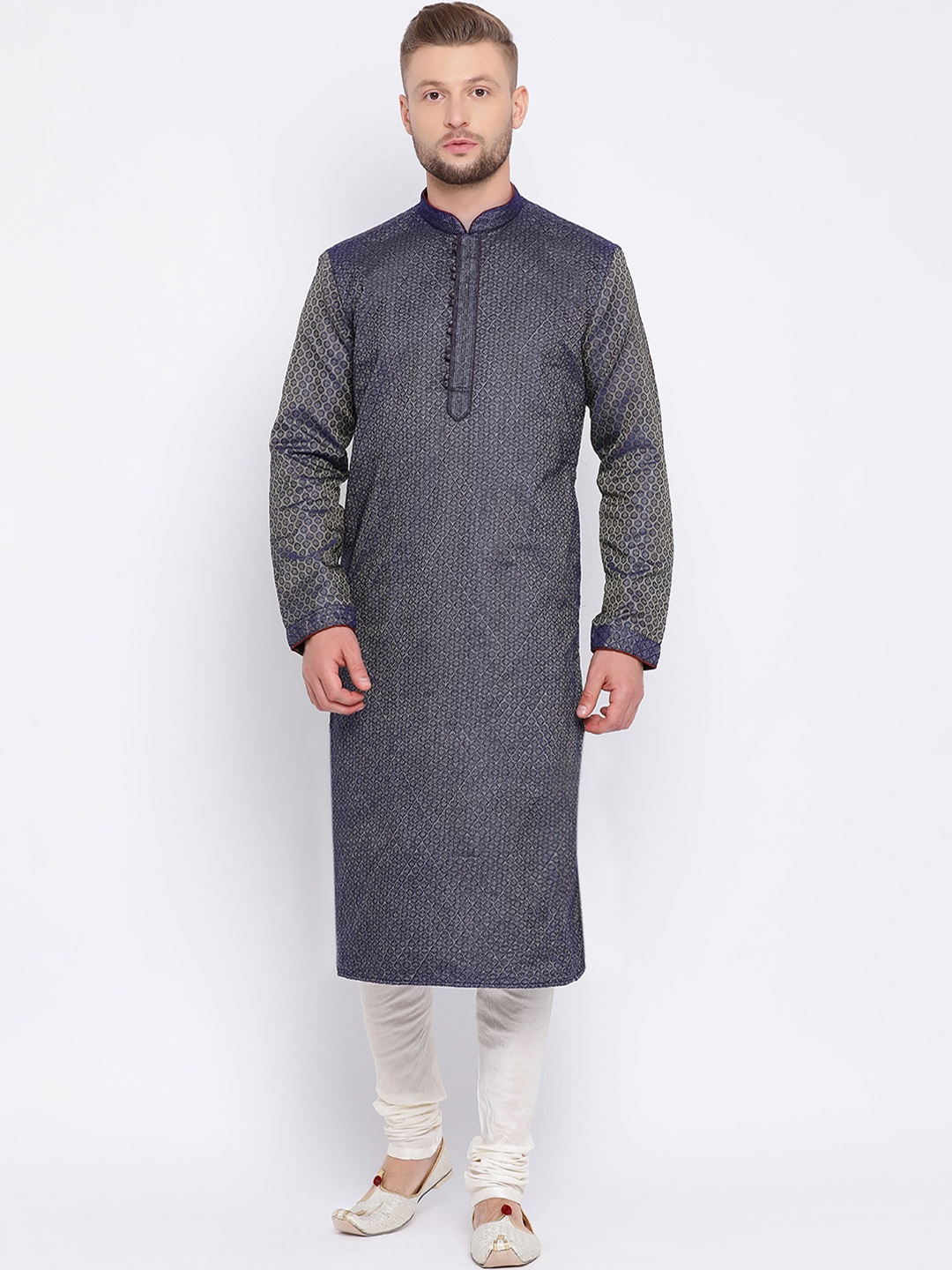 

Sanwara Men Navy Blue & White Self Design Kurta with Churidar