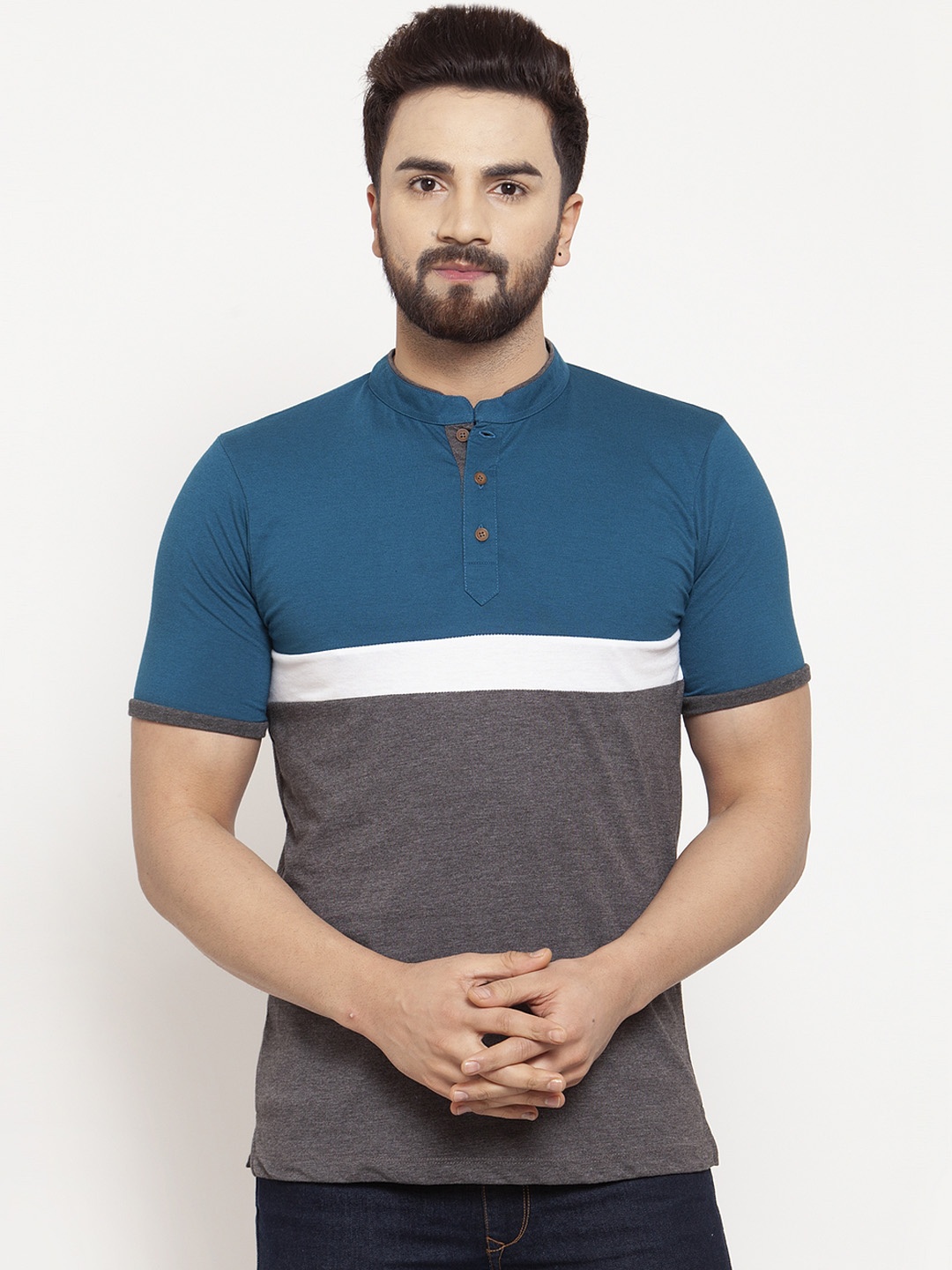 

Kalt Men Teal Blue & Grey Colourblocked Mandarin Collar T-shirt