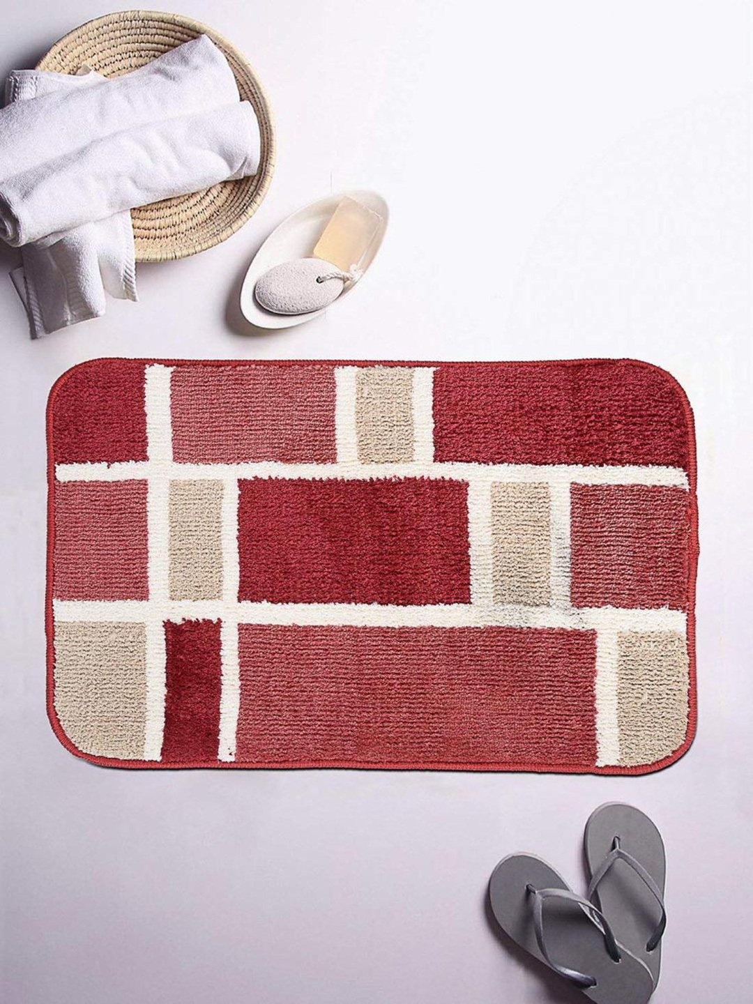 

ROMEE Red & Beige Printed Anti-Skid Bath Rug