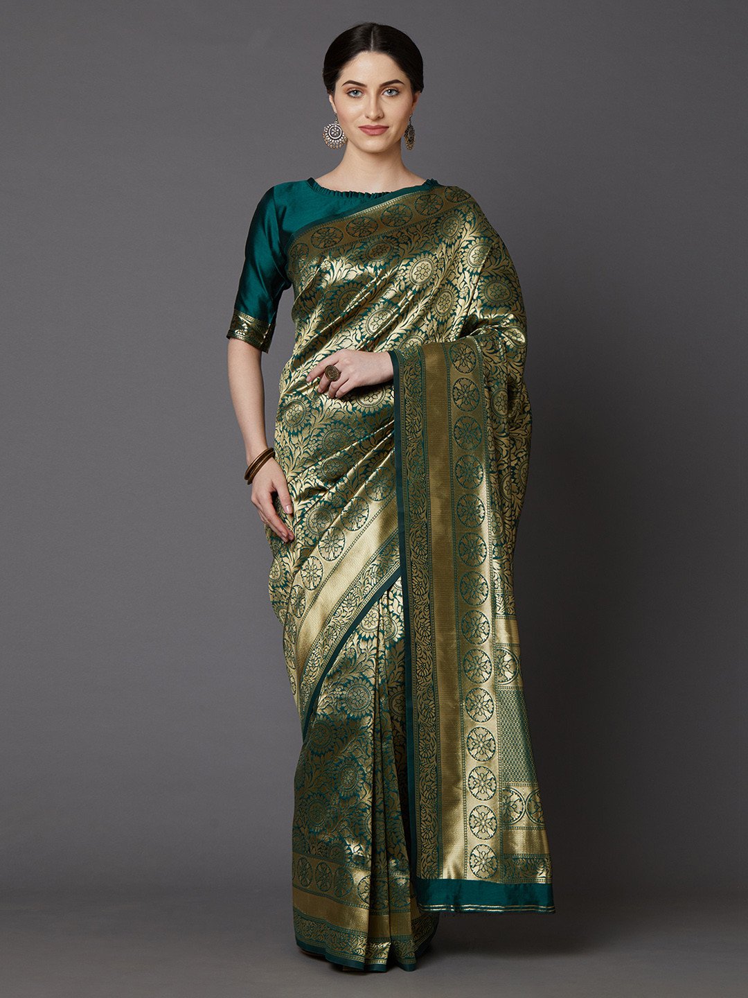 

Mitera Green & Gold-Toned Silk Blend Woven Design Banarasi Saree