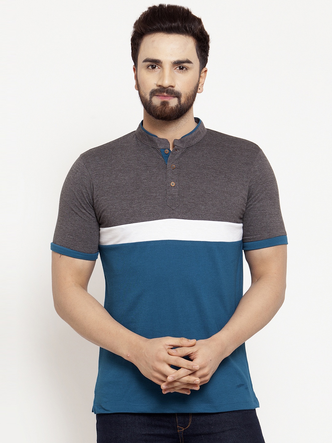 

Kalt Men Teal Blue & Grey Colourblocked Mandarin Collar T-shirt