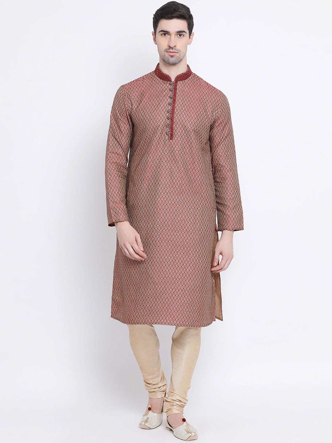 

Sanwara Men Maroon & Beige Self Design Kurta with Churidar