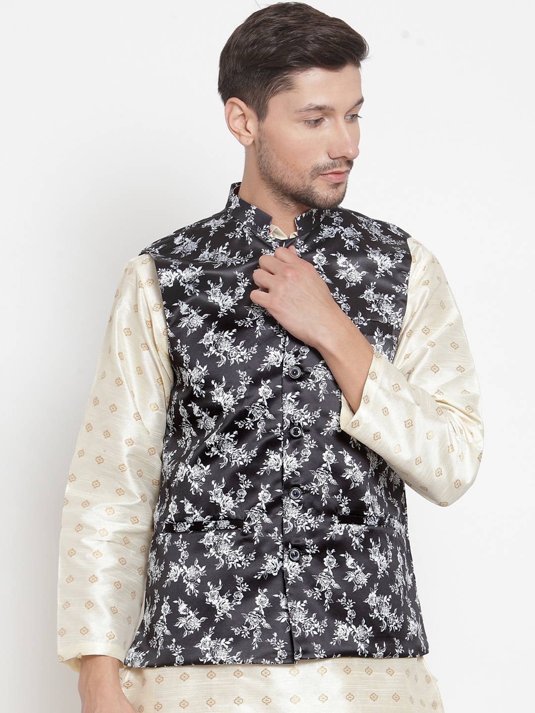 

KLOTTHE Printed Cotton Blend Nehru Jacket, Black