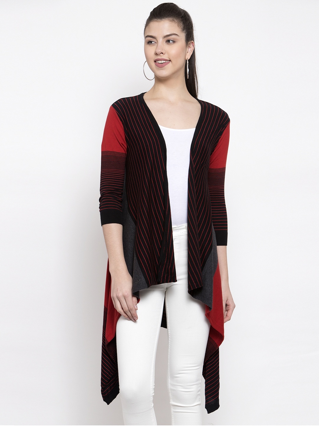 

Kalt Women Red & Black Striped Open Front Shrug