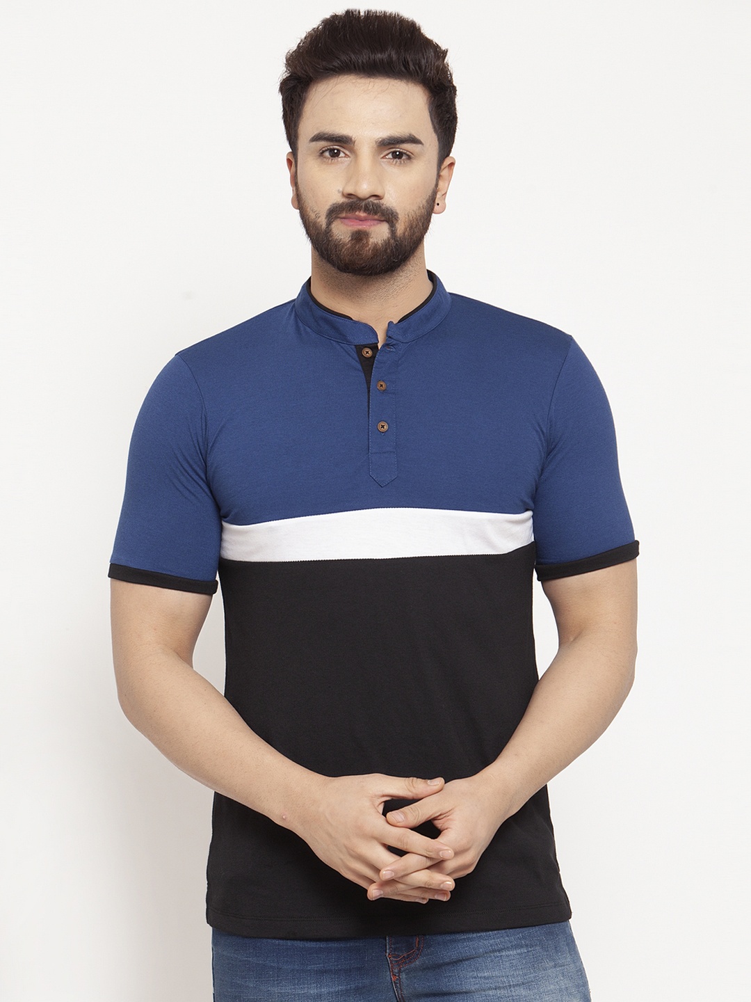 Kalt Men Blue & Black Colourblocked Mandarin Collar T-shirt