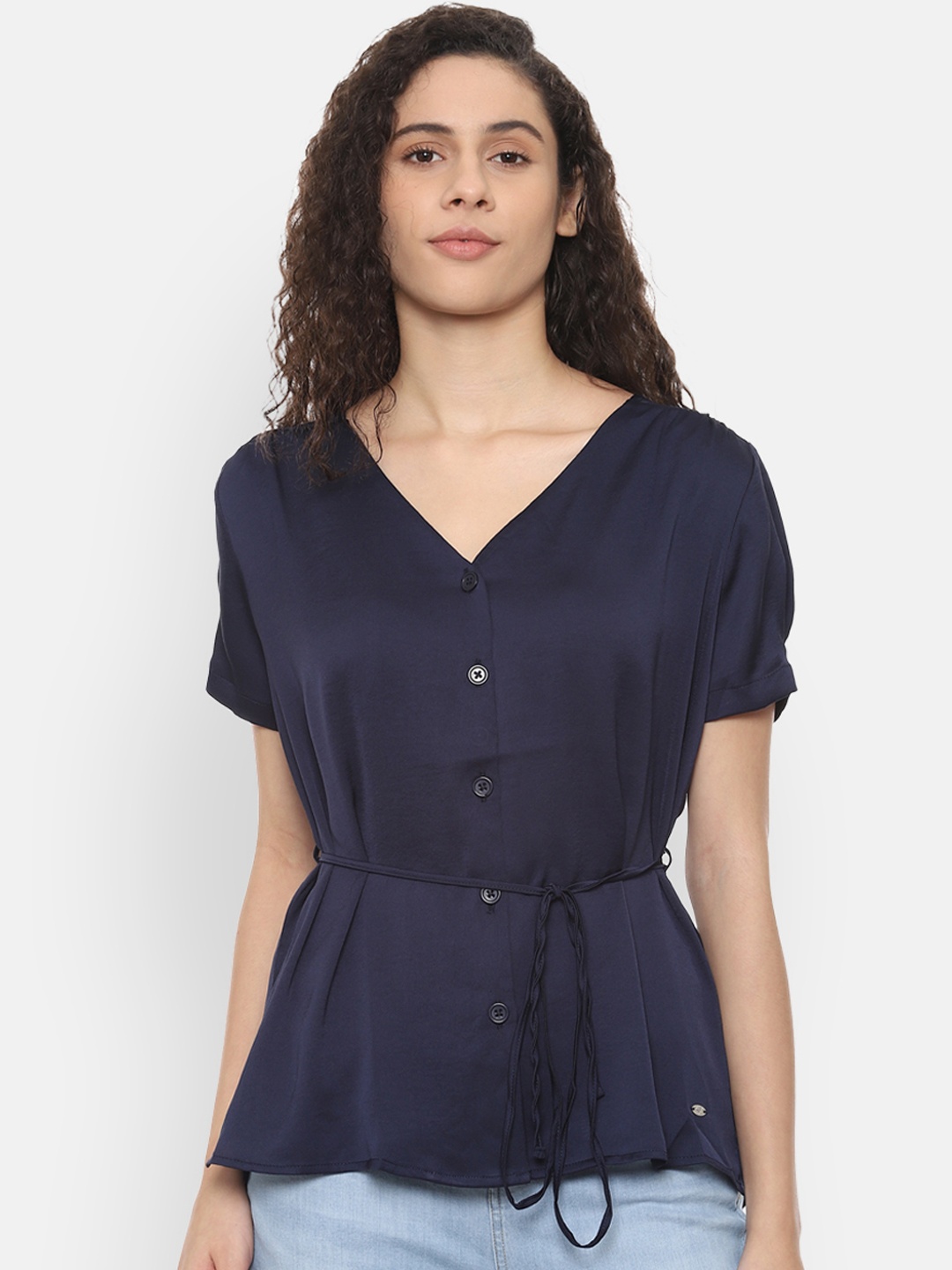 Allen Solly Woman Navy Blue Solid Cinched Waist Top