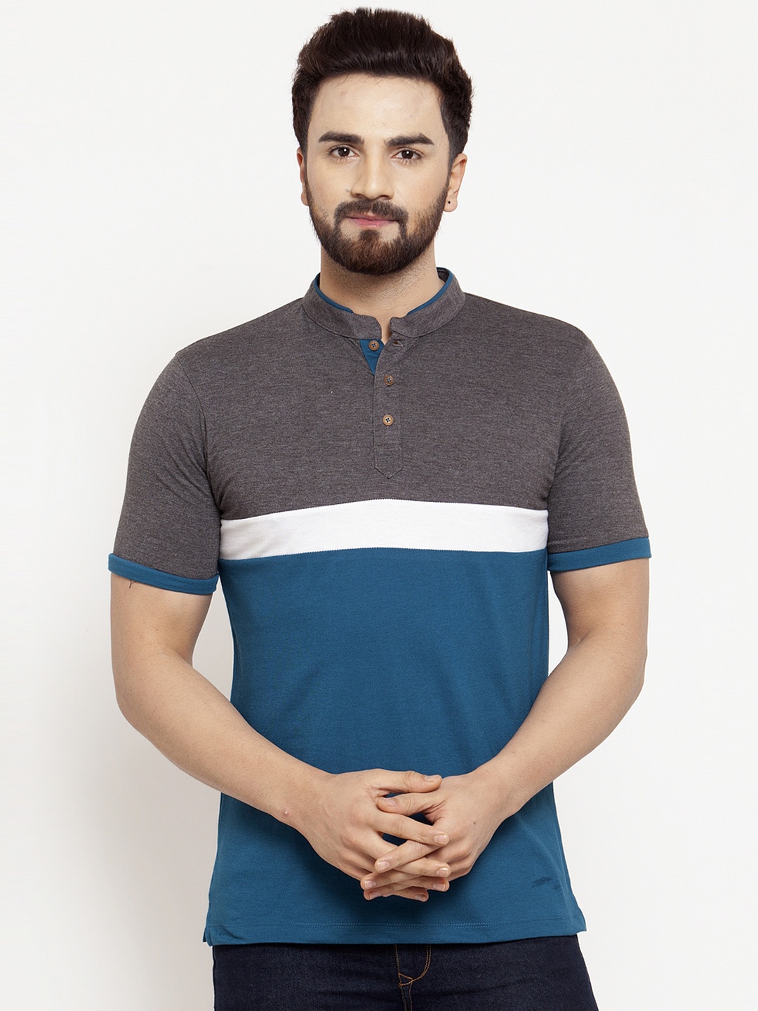 

Kalt Men Teal Blue & Grey Colourblocked Mandarin Collar T-shirt