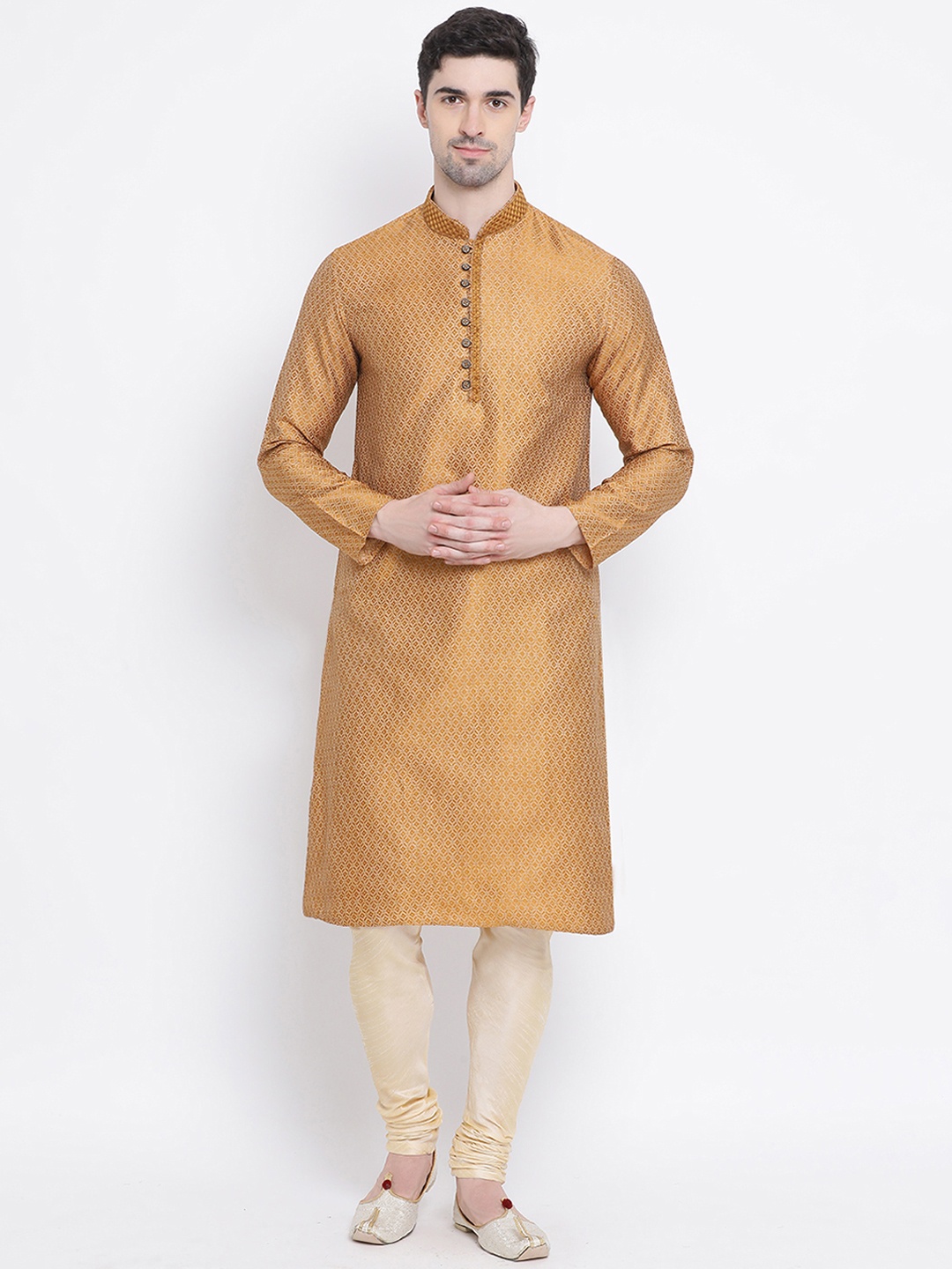 

Sanwara Men Gold-Coloured & Beige Self Design Kurta with Churidar