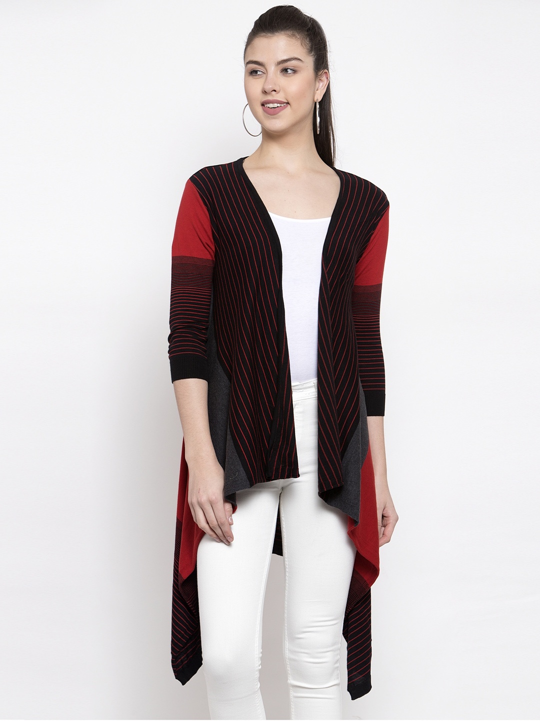 

Kalt Women Red & Black Striped Open Front Shrug