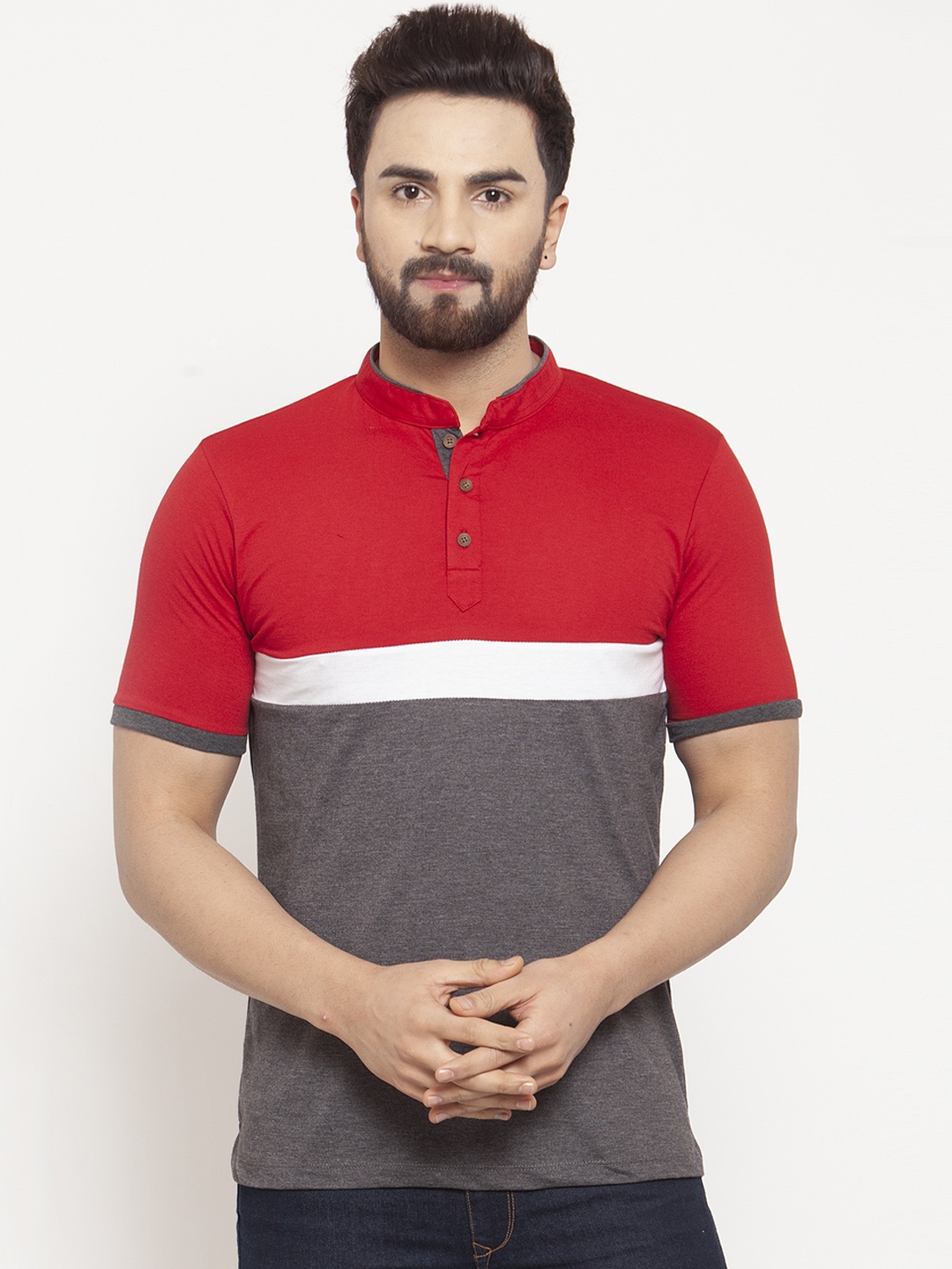 

Kalt Men Red & Grey Colourblocked Mandarin Collar T-shirt