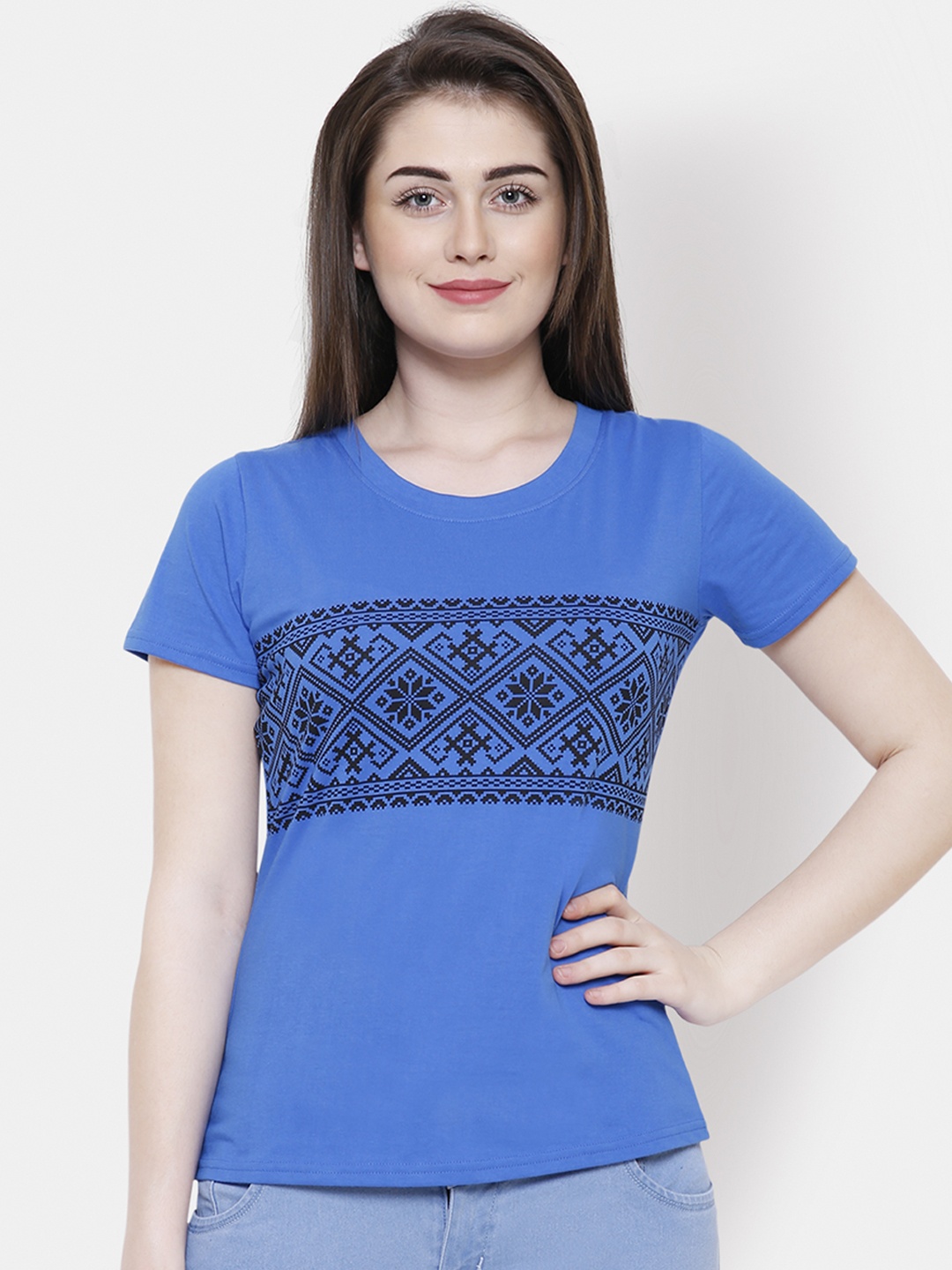 

Yaadleen Women Blue Black Printed Round Neck Pure Cotton T-shirt