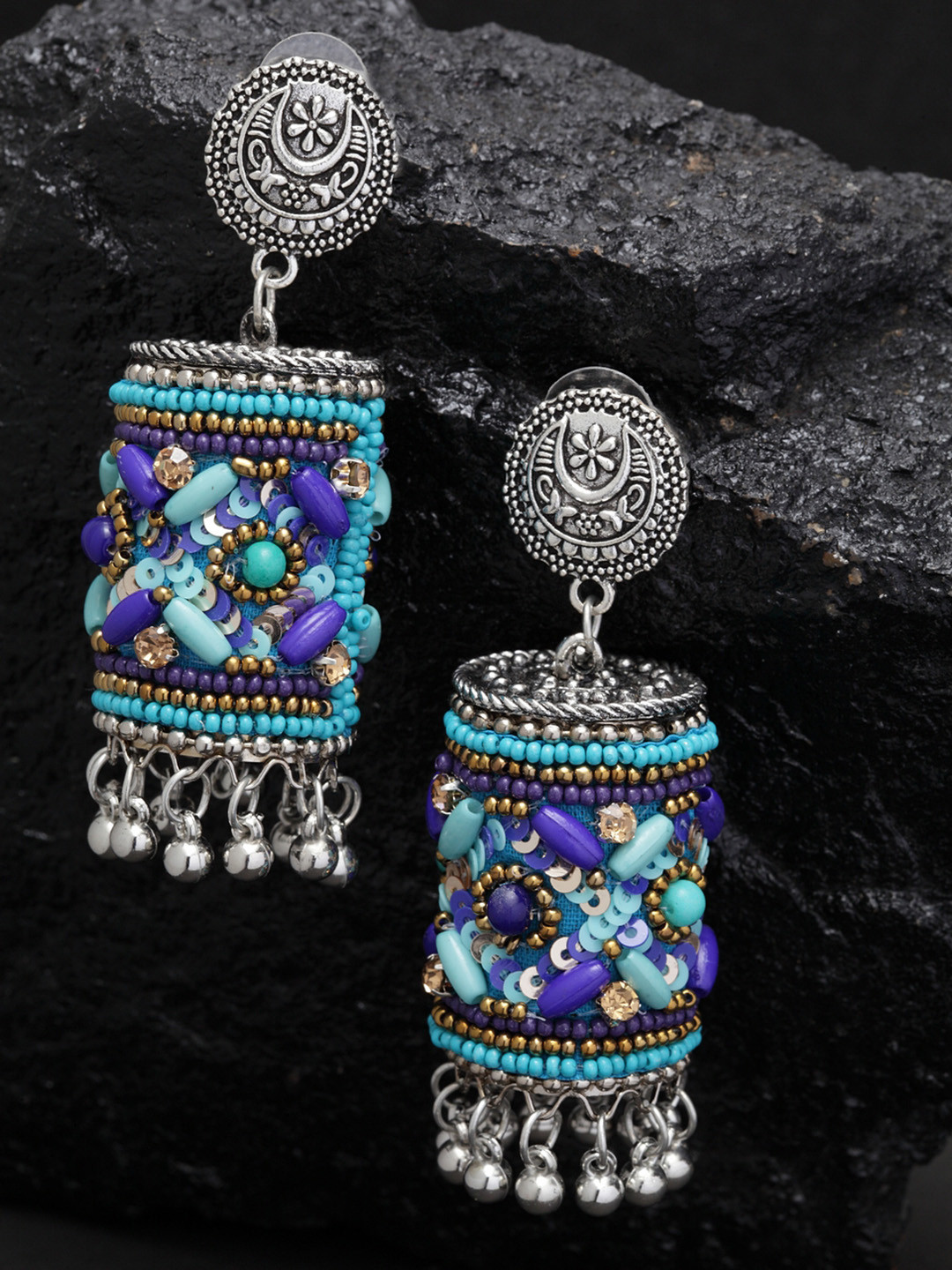

Infuzze Blue & Silver-Toned Handcrafted Classic Jhumkas