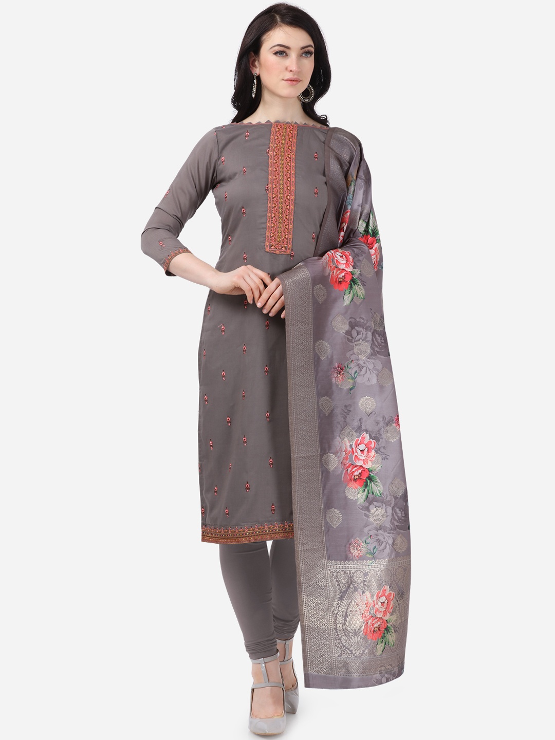

DIVASTRI Grey Poly Silk Unstitched Dress Material