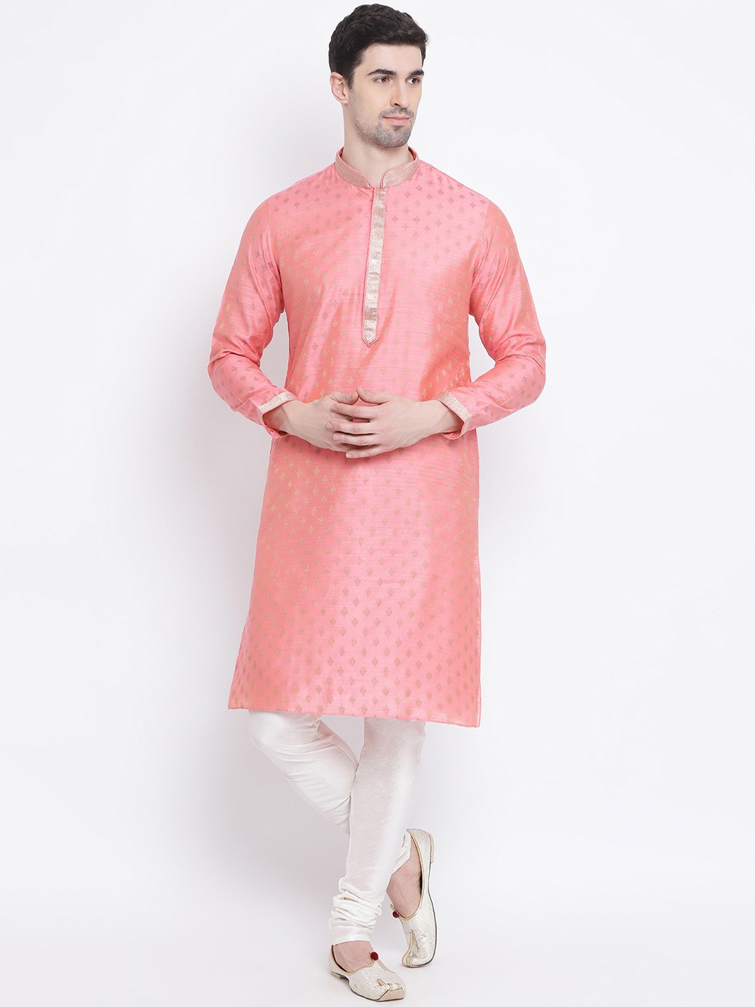 

Sanwara Men Pink & Gold-Coloured Self Design Kurta with Churidar