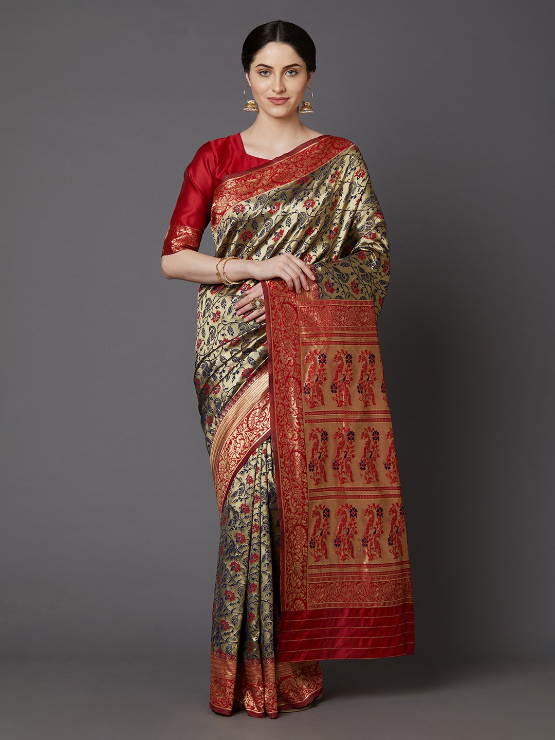 

Mitera Gold-Toned & Navy Blue Silk Blend Woven Design Banarasi Saree