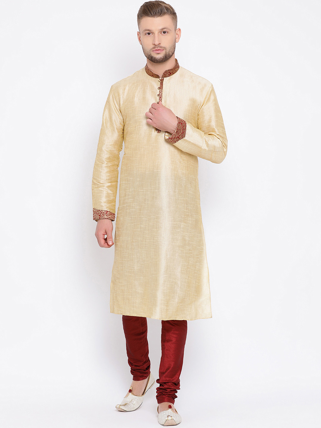 

Sanwara Men Gold-Toned & Maroon Self Design Kurta with Churidar