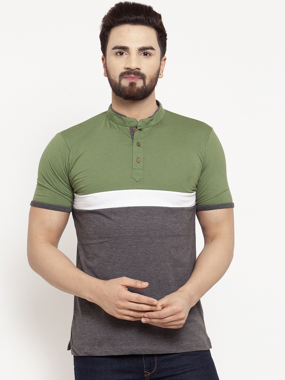 

Kalt Men Olive Green & Grey Colourblocked Mandarin Collar T-shirt