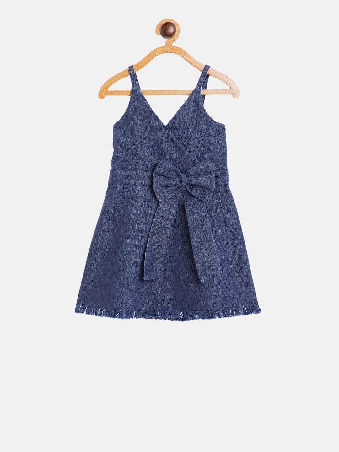

KIDKLO Girls Blue Solid Denim Wrap Dress