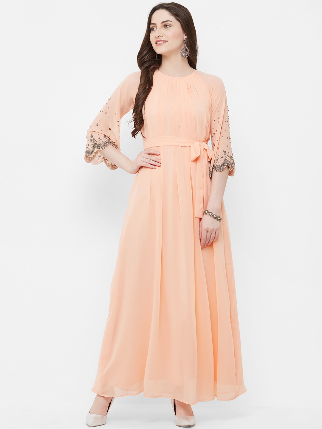 

MISH Women Peach-Coloured Solid Embellished Maxi Dress