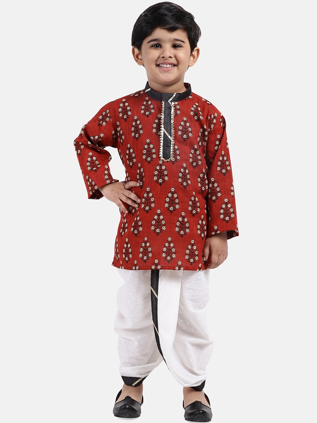 

BownBee Boys Maroon & White Printed Kurta with Dhoti Pants