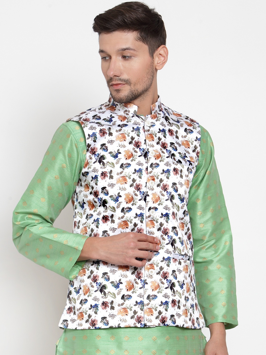 

KLOTTHE Men White & Blue Floral Printed Nehru Jacket