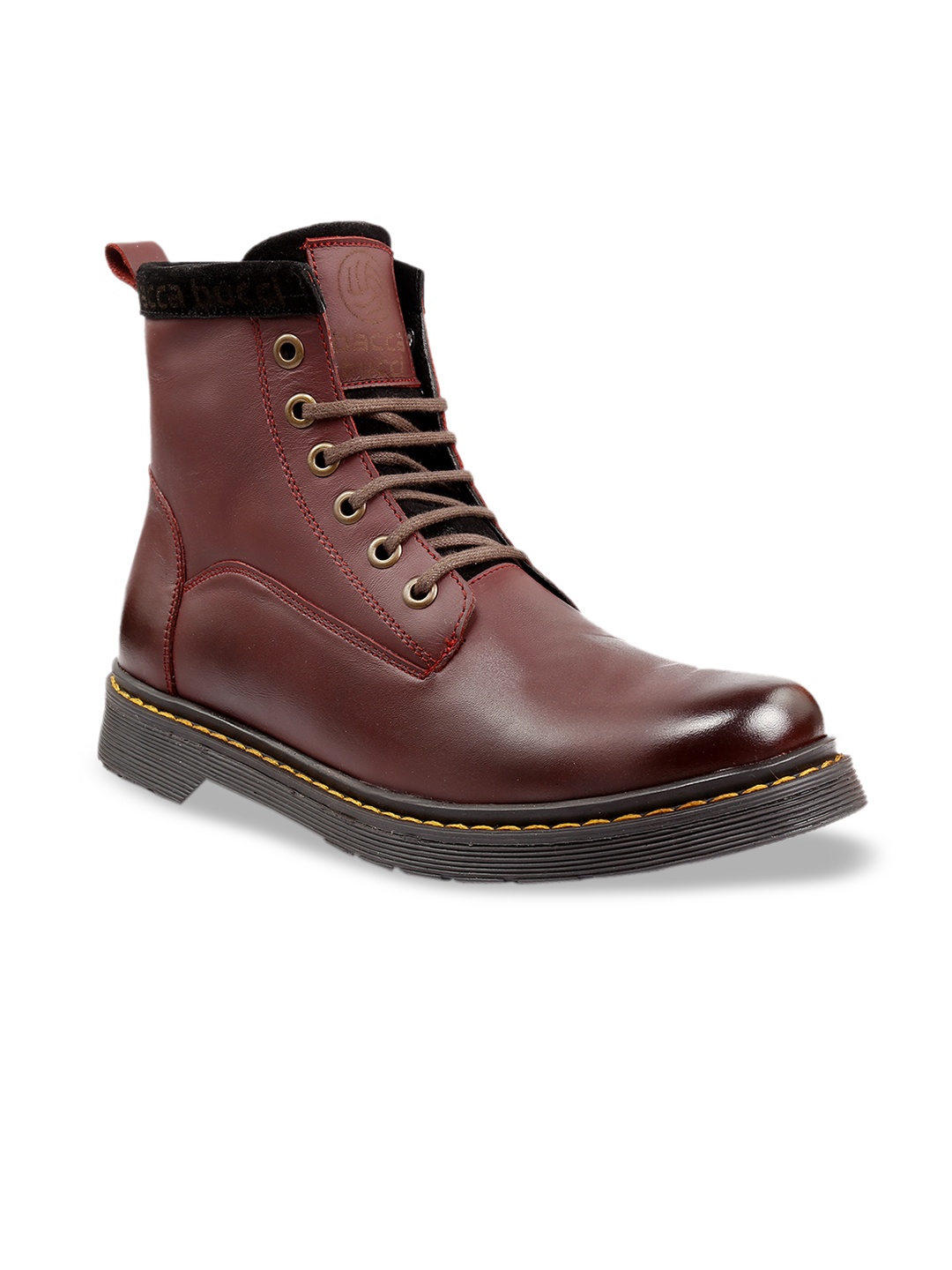 

bacca bucci Men Maroon Solid Leather Mid-Top Flat Boots